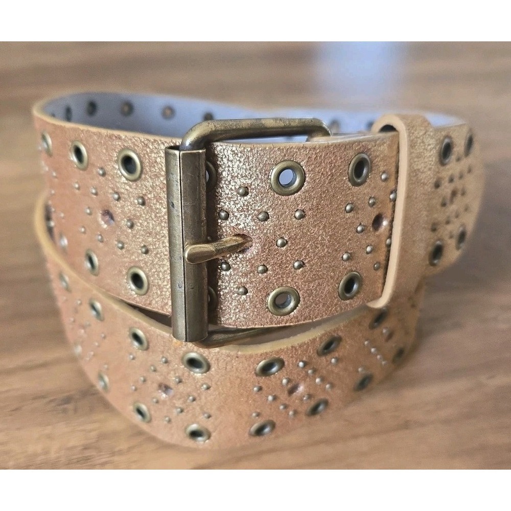 BCBG MAXAZRIA Women's Grommeted/Studded Gold Metallic Leather Belt Med 31-36